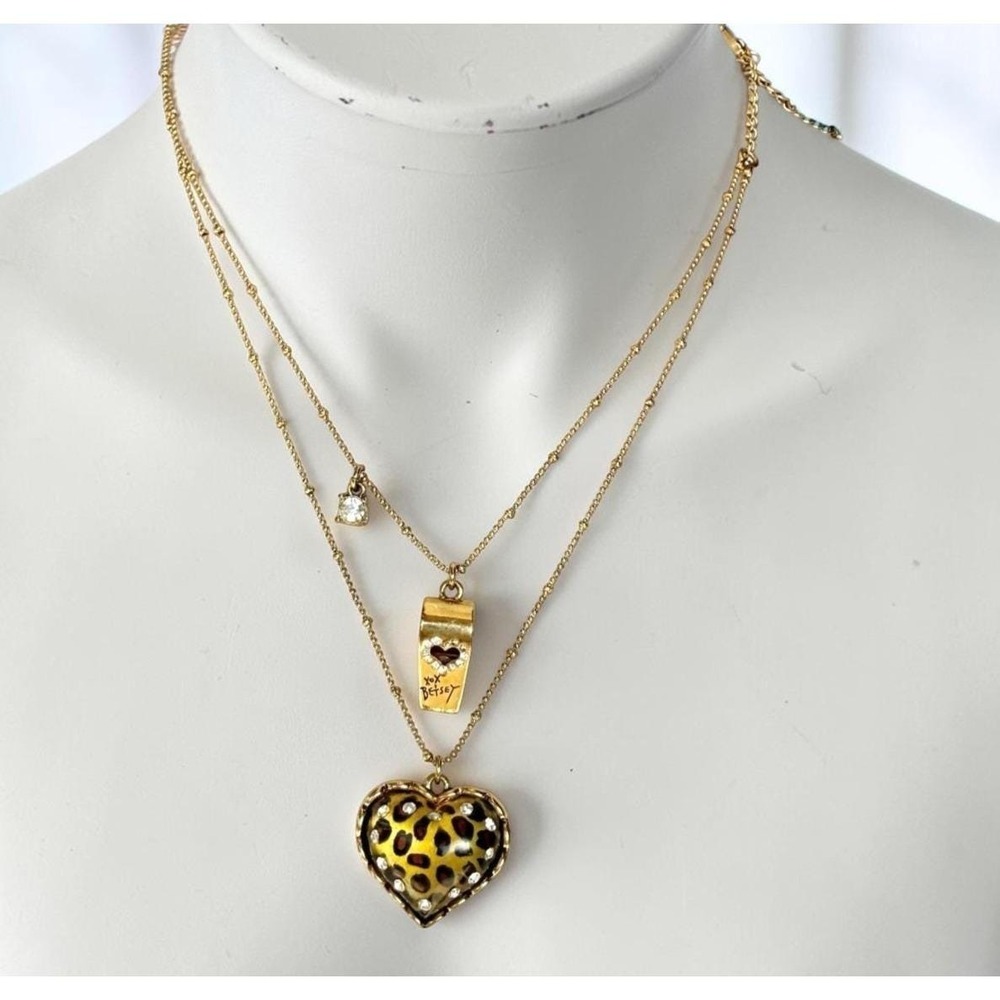 Vintage Betsey Johnson Leopard Print Heart Pendant Necklace Gold Tone Whistle